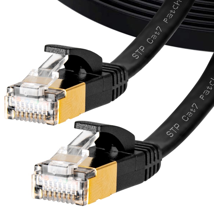 Интернет кабел Vayox VA0065 LAN 1,5 м, CAT 7, S/FTP Ethernet, RJ45 конектор, широко използван в домашни и промишлени приложения, 100 Gbps, 1000 Mhz, устойчив на атмосферни влияния, UV устойчив за рутер/игри/модем, плосък, черен