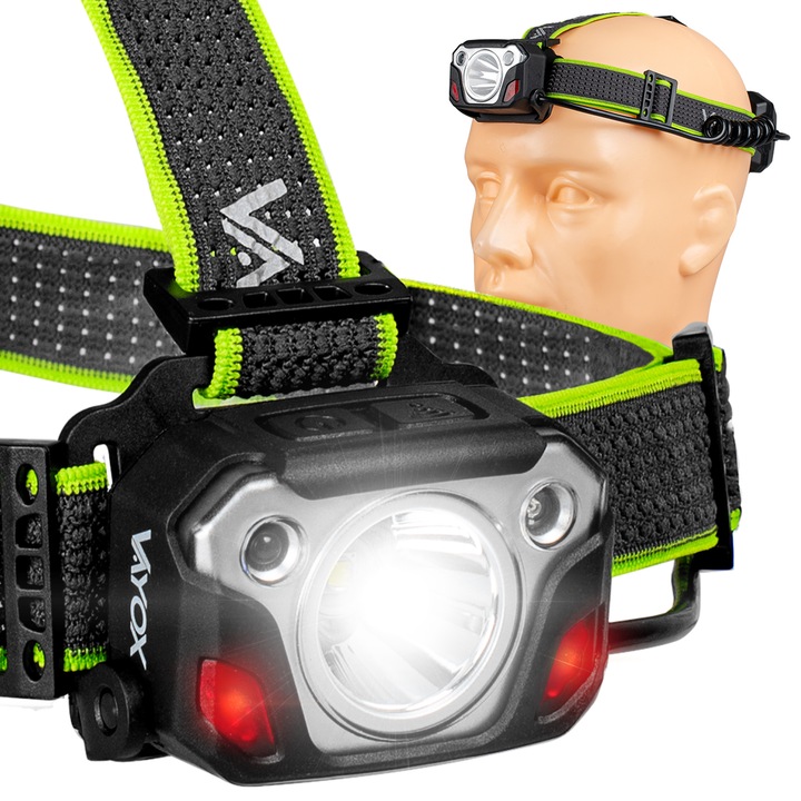 Vayox VA0103 LED челник, SST40 10W 6500K 1200lm, един сензор за движение, USB-C, 6 режима на светене, водоустойчив IP44, с две батерии, черен