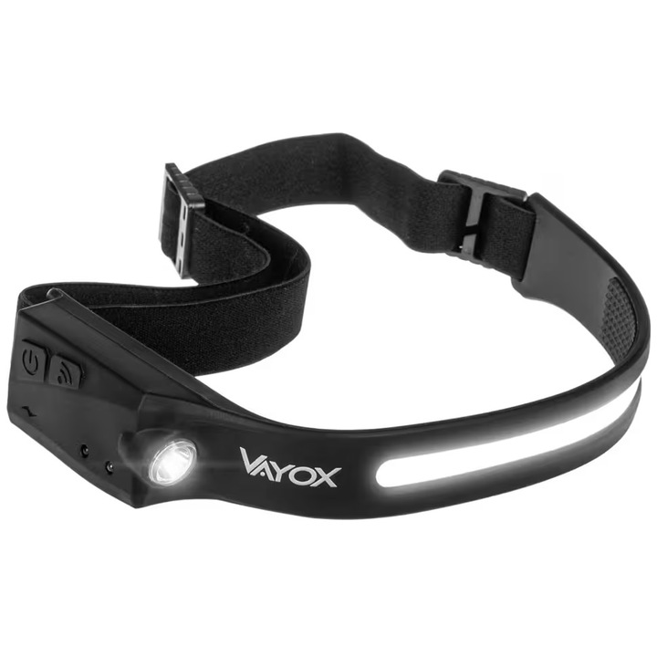 Vayox VA0128 LED челник, XPE + COB 350lm, един сензор за движение, USB-C, 5 режима на осветяване, водоустойчив IP44, презареждаем, черен