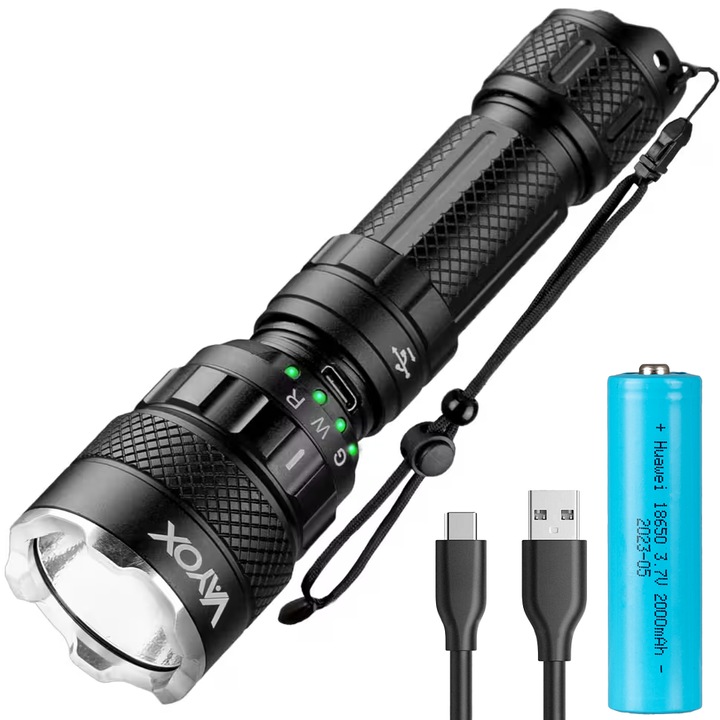 Vayox VA0099 LED тактически фенер, алуминий, SST-40 15W 6500K източник, Три цвята светлина: бял/зелен/червен, професионален, включена батерия, IP66 водоустойчивост, USB-C зареждане, 1500 лумена, Черен