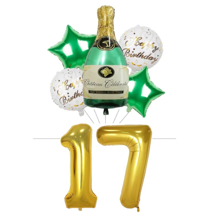Set 7 baloane folie aniversare 17 ani, figurina sticla de sampanie 90cm, stelute si baloane cifre folie aurii