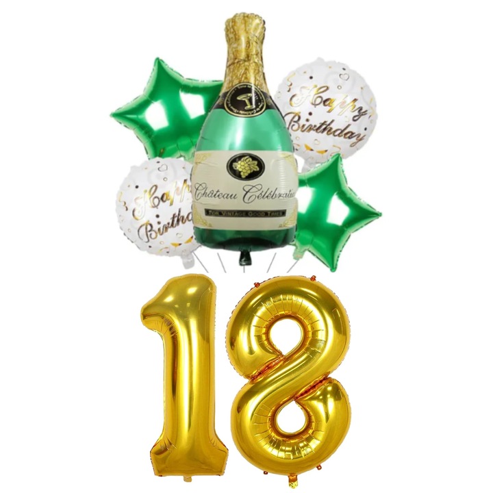 Set 7 baloane folie aniversare 18 ani Majorat, figurina sticla de sampanie 90cm, stelute si baloane cifre folie aurii