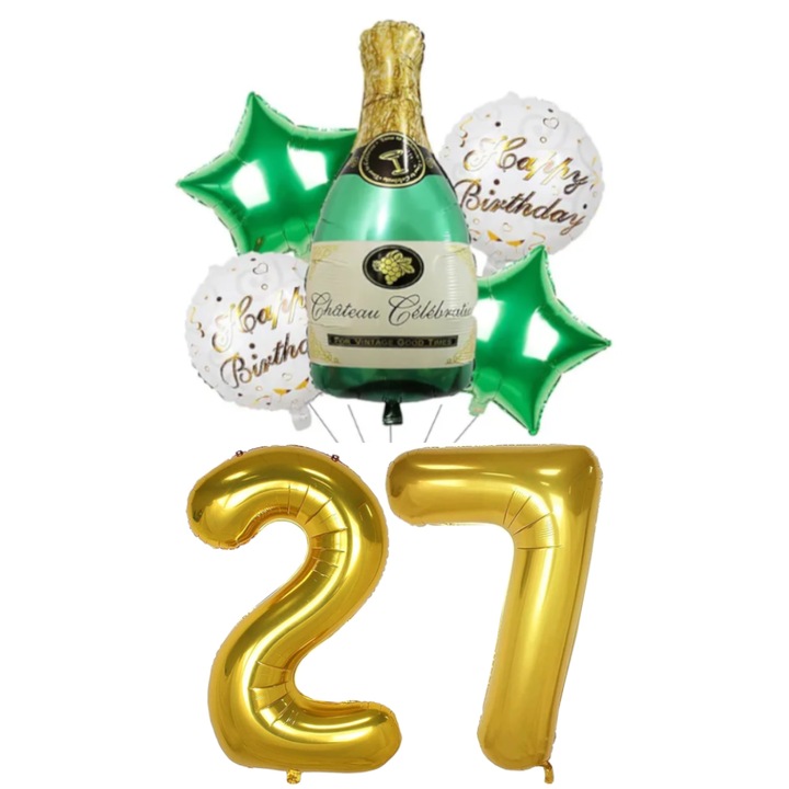 Set 7 baloane folie aniversare 27 ani, figurina sticla de sampanie 90cm, stelute si baloane cifre folie aurii