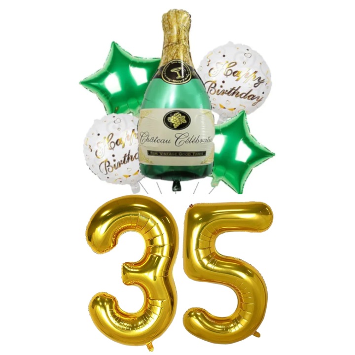Set 7 baloane folie aniversare 35 ani, figurina sticla de sampanie 90cm, stelute si baloane cifre folie aurii