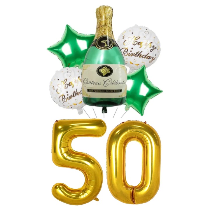 Set 7 baloane folie aniversare 50 ani, figurina sticla de sampanie 90cm, stelute si baloane cifre folie aurii