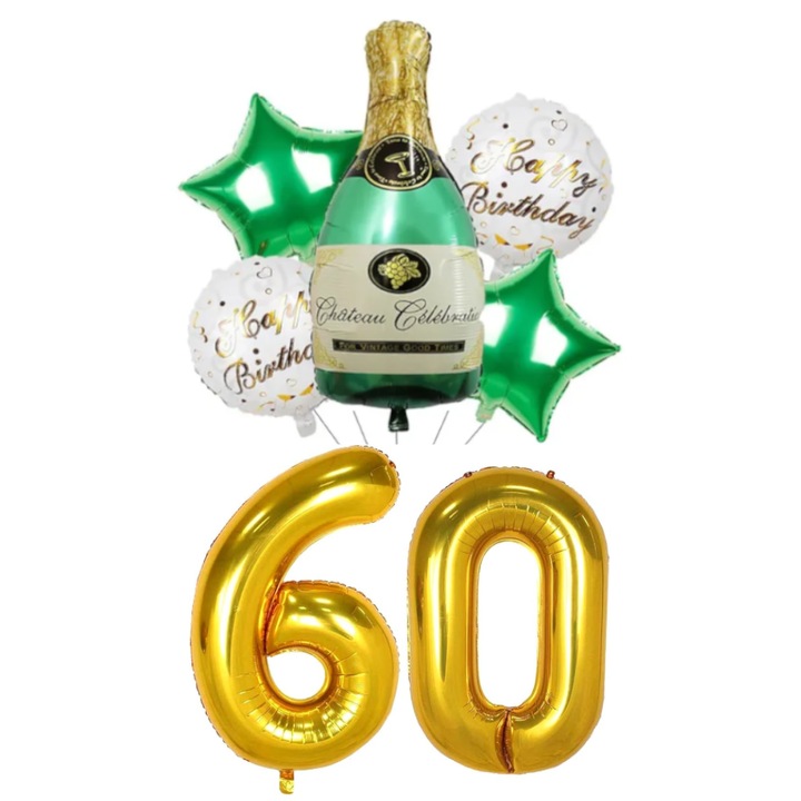 Set 7 baloane folie aniversare 60 ani, figurina sticla de sampanie 90cm, stelute si baloane cifre folie aurii