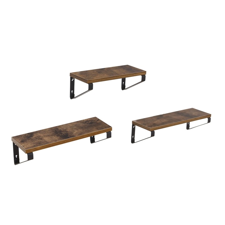 Комплект 3 рафта VASAGLE, Винтидж, Стенни, Индустриален стил, Кафяв/Черен, 30 x 12 x 11 см
