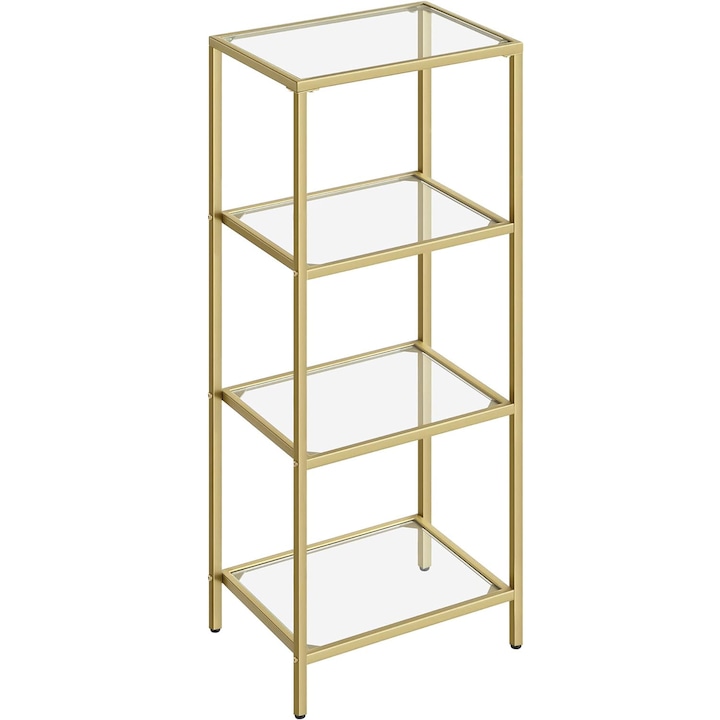 VASAGLE Raft cu trepte pentru dormitor, 4 etaje, din sticla securizata, cadru din otel, 30x95x40cm, auriu