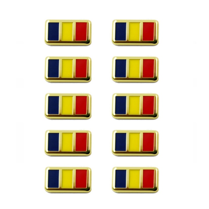 Set 10 Insigne Metalice de Rever Steag Tricolor Drapel Romania, 8x4 mm