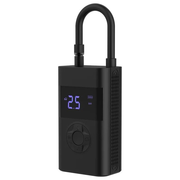 Elektromos légszivattyú, LCD digitális kijelző, LED zseblámpa, Hordozható, USB töltés, 4000 mAh akkumulátor, Digitális nyomásmérő, 10,3 bar, Fekete