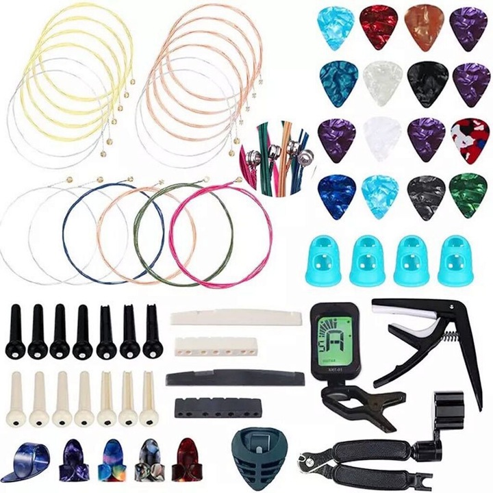 Set de accesorii pentru chitara complet din 65 de piese, complet cu coarde, taraturi, capo, pickguard etc., echipament unic pentru jucatori incepatori si avansati
