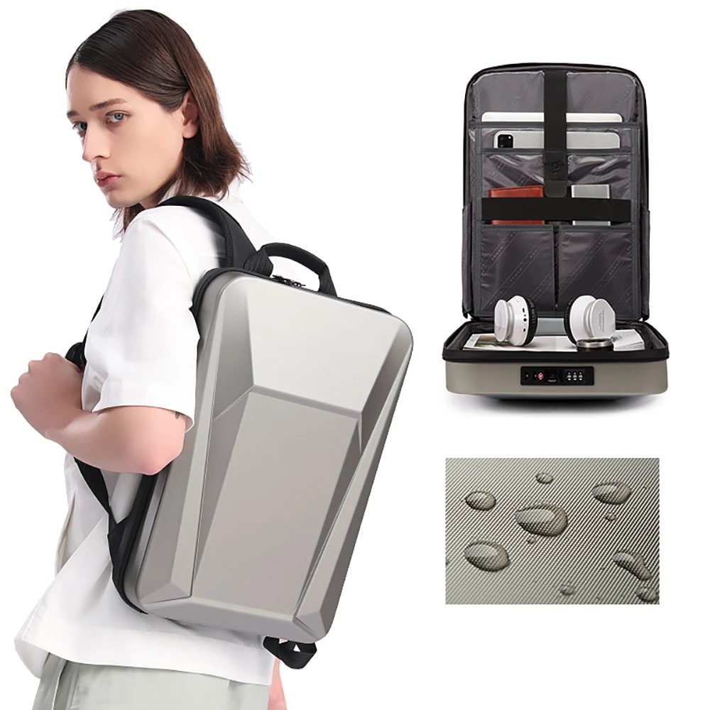 Rucsac laptop 15.6" business cu carcasa rigida material EVA impermeabil, sistem antifurt, porturi incarcare USB si tip C, BANGE, 30x8x45 cm, Auriu