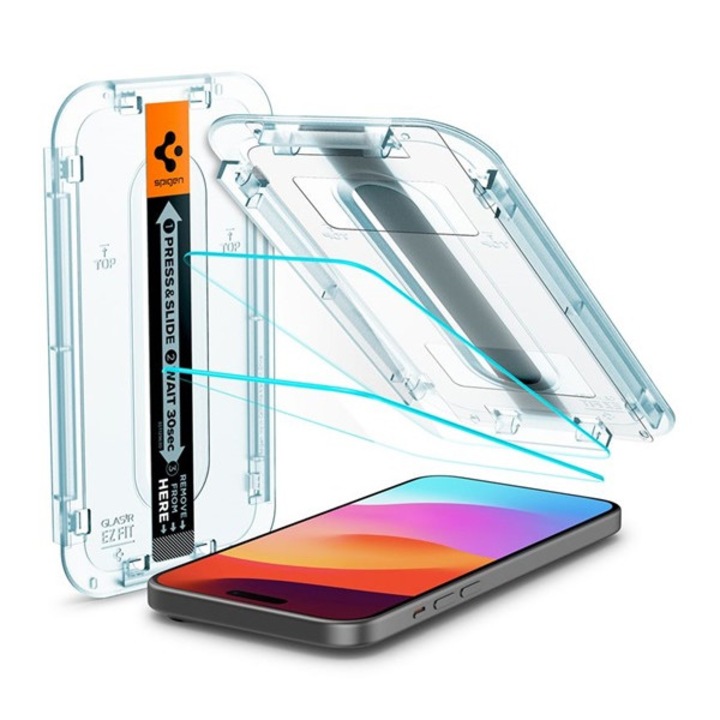 Spigen ez fit hd képernyővédő üveg 2db, 2.5d, tokbarát, ultravékony, 0.2mm, 9h + segédkeret, átlátszó, kompatibilis: Apple iPhone 16 / iPhone 15