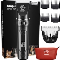 Masina de tuns animale Zoopie®, TRIM Series 6010, Masina de tuns caini profesionala, Aparat tuns caini, Masina tuns pisici cu Lama ceramica de rezerva cu 33 dinti, Display LED, Acumulator trimmer 1500mAh, 2 viteze, 7000RPM, Silentioasa, Husa, Ghid, Neagra