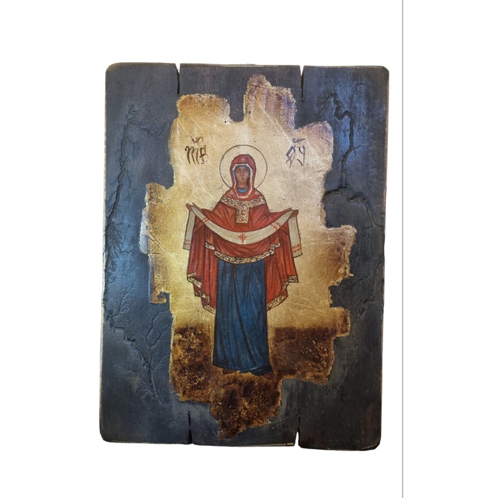 Icoana de lemn pictata Sf. Maria cu braul, antichizata, aurita, 35/45 cm