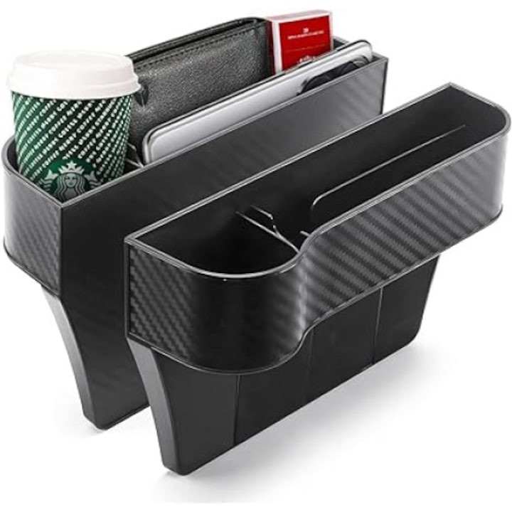 Cutie universala de depozitare pentru spatiul scaunului auto, buzunar pentru cusatura scaunului central, set de 2, 25,5x6x16,3 cm, negru