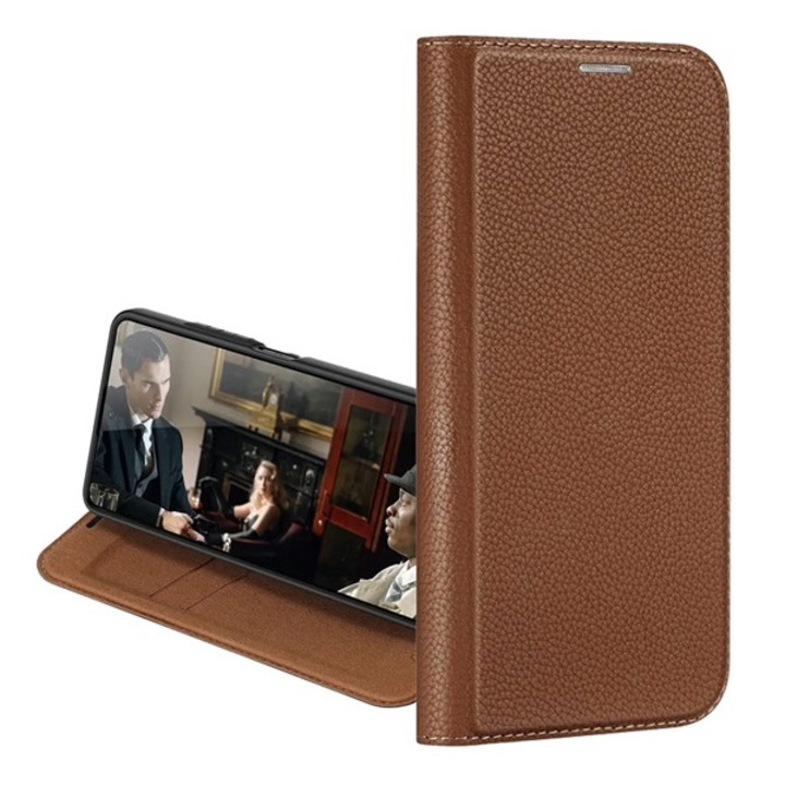 Dux ducis skin x2 mobiltelefon tok álló, bőr hatású, flip, ütésállóság, oldalra nyíló, asztali tartó, barna, kompatibilis: Xiaomi Redmi Note 12 5G / Poco X5 5G