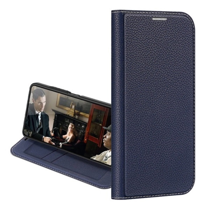 Dux ducis skin x2 mobiltelefon tok álló, bőr hatású, flip, ütésállóság, oldalra nyíló, asztali tartó, sötétkék, kompatibilis: Xiaomi Poco X5 5G / Redmi Note 12 5G