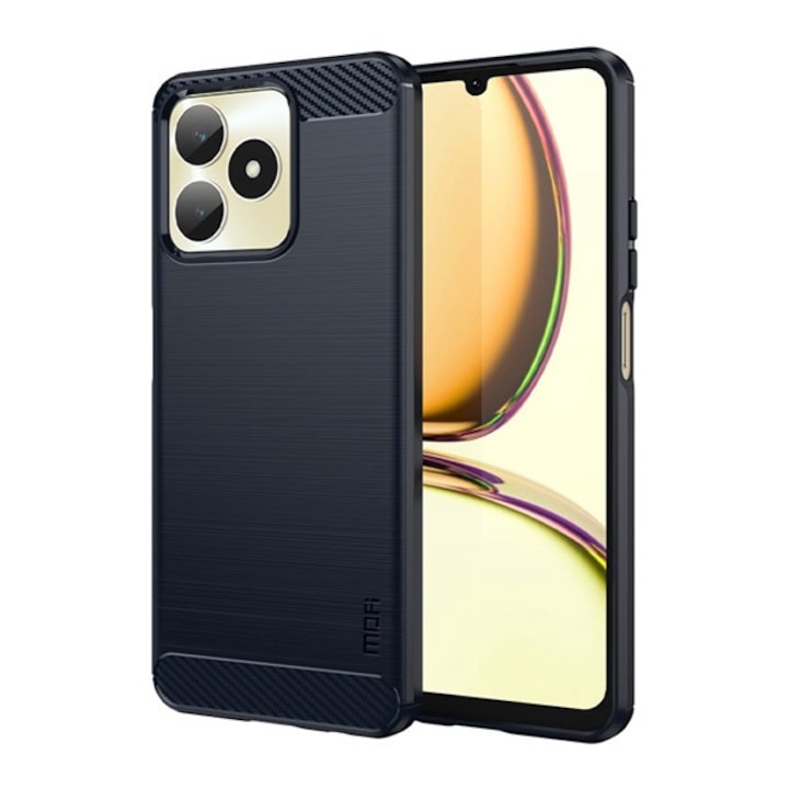 Mofi szilikon mobiltelefon tok, ütésállóság, légpárnás sarok, szálcsiszolt, karbon minta, sötétkék, kompatibilis: Realme C51 4G / C53