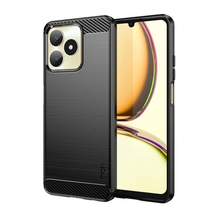 Mofi szilikon mobiltelefon tok, ütésállóság, légpárnás sarok, szálcsiszolt, karbon minta, fekete, kompatibilis: Realme C51 4G / C53