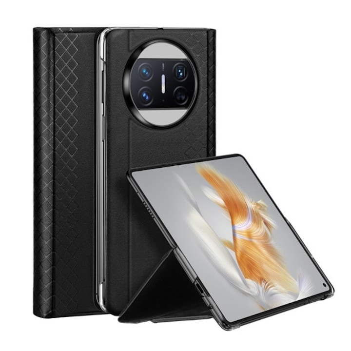 Huawei Mate X3 Dux ducis bril műanyag telefonvédő (ütésállóság, bőr hatású hátlap, asztali tartó, rombusz) fekete, GP-142268, gyártói csomagolás