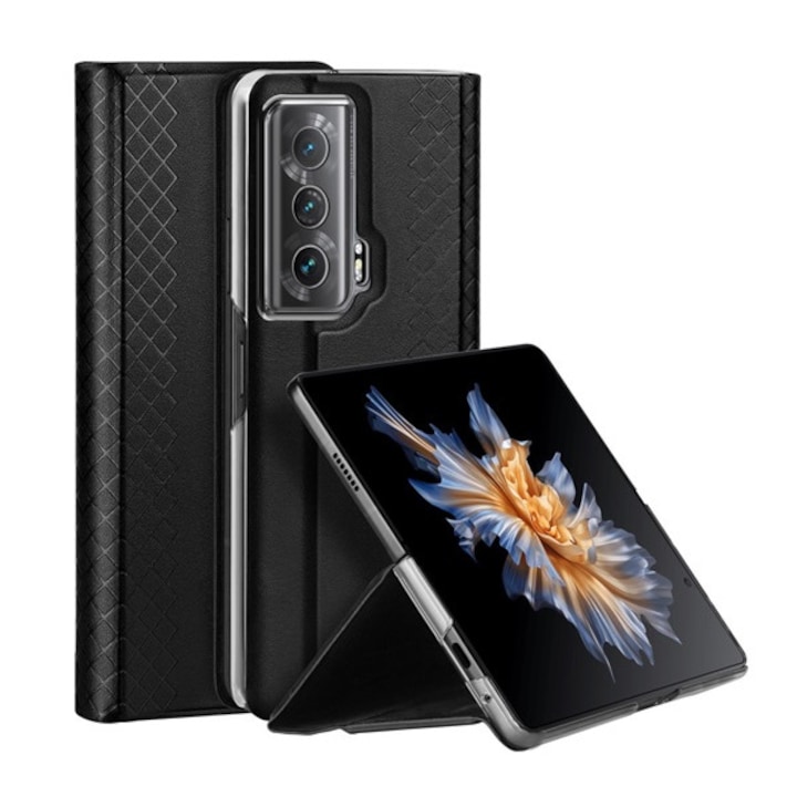 Honor Magic VS 5G Dux ducis bril műanyag telefonvédő (ütésállóság, bőr hatású hátlap, asztali tartó, rombusz) fekete, GP-142269, gyártói csomagolás
