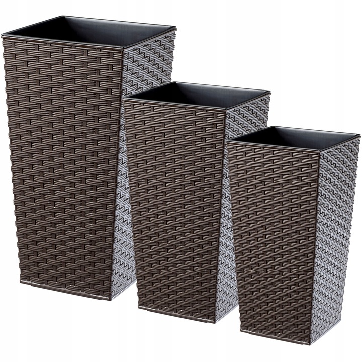 Комплект 3 саксии KADAX, Пластмаса, Вложка от ратан Pesaro, 30/35/40 см, Mocha