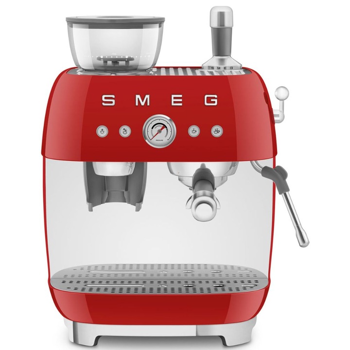 Еспресо кафемашина с интегрирана кафемелачка Smeg EGF03RDEU, 50's Style, 1650 W, 15 бара, Червена
