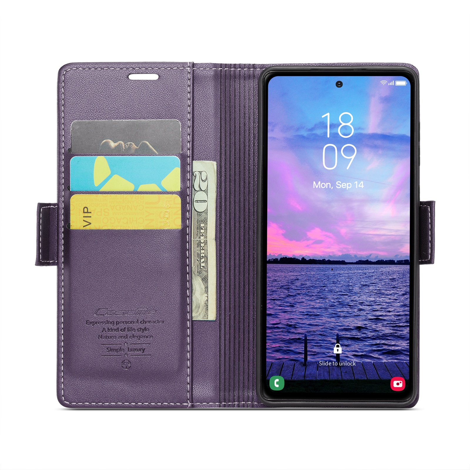 Husa pentru Samsung Galaxy S23 FE, CaseMe, slim, piele, tip portofel, stand, inchidere sigura magnetica, textura moale si aderenta in mana, protectie RFID, Mov