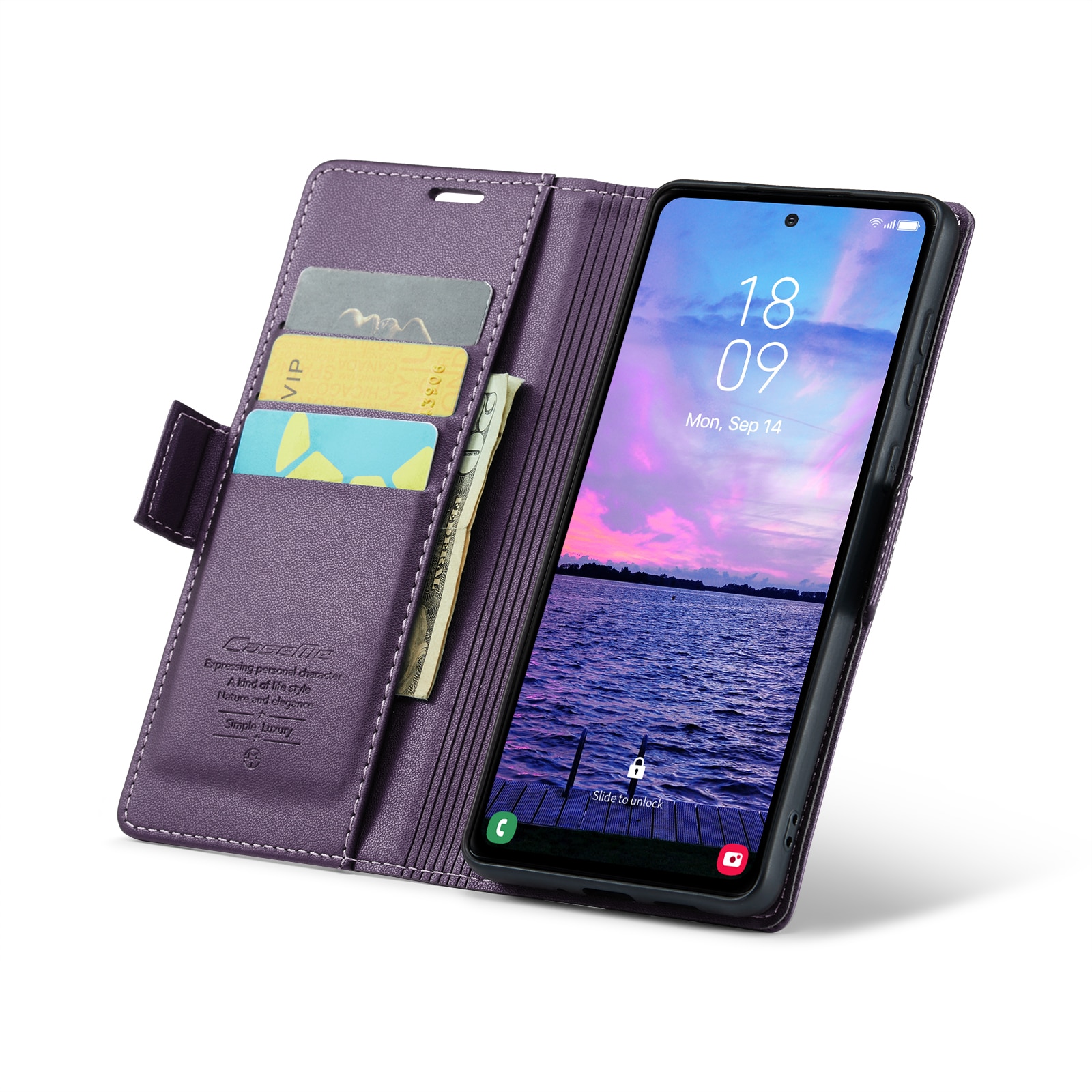 Husa pentru Samsung Galaxy S23 FE, CaseMe, slim, piele, tip portofel, stand, inchidere sigura magnetica, textura moale si aderenta in mana, protectie RFID, Mov
