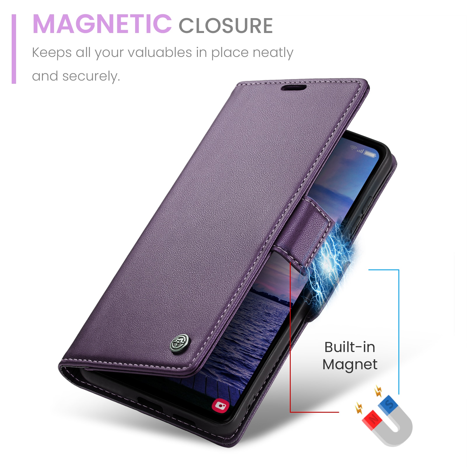 Husa pentru Samsung Galaxy S23 FE, CaseMe, slim, piele, tip portofel, stand, inchidere sigura magnetica, textura moale si aderenta in mana, protectie RFID, Mov