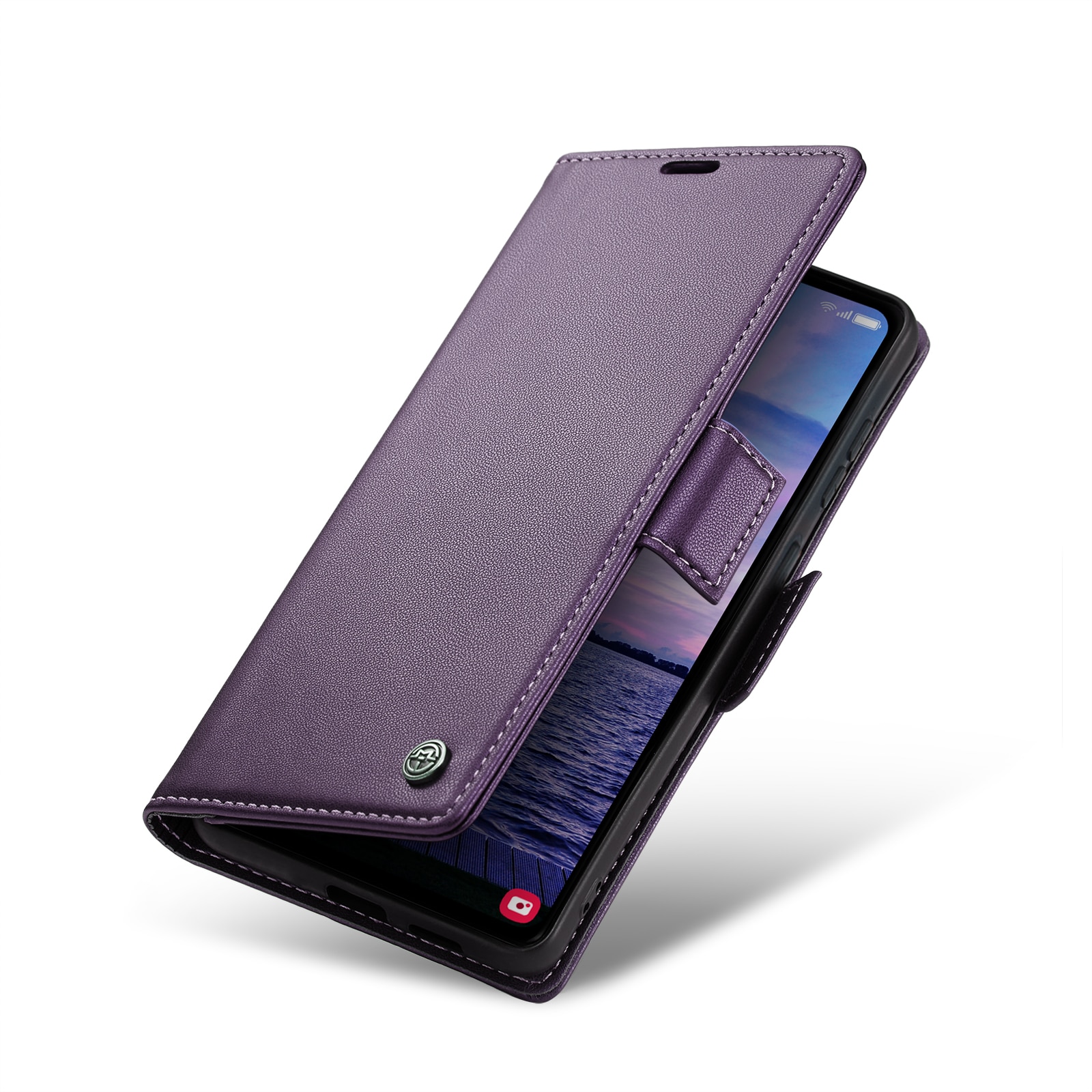 Husa pentru Samsung Galaxy S23 FE, CaseMe, slim, piele, tip portofel, stand, inchidere sigura magnetica, textura moale si aderenta in mana, protectie RFID, Mov