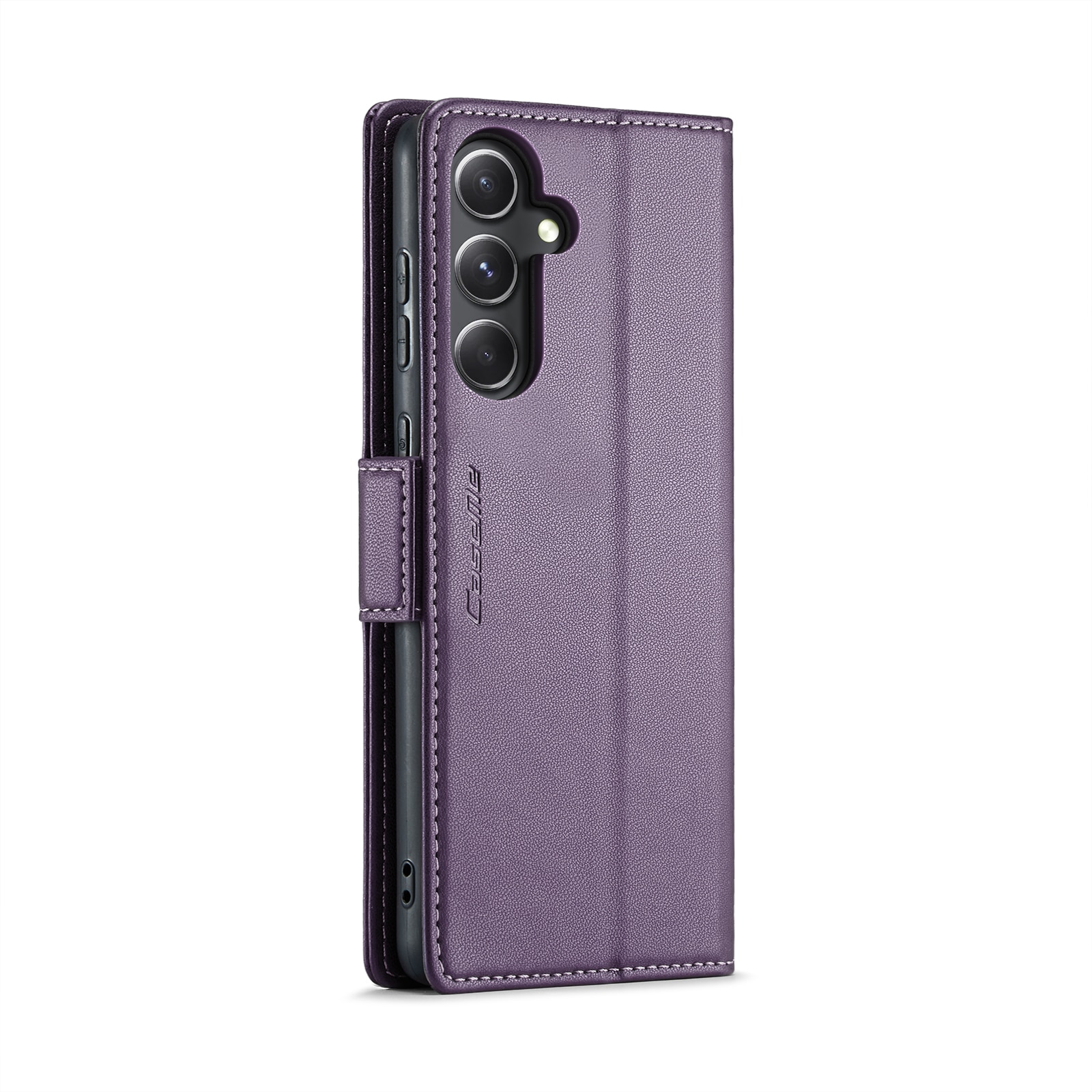Husa pentru Samsung Galaxy S23 FE, CaseMe, slim, piele, tip portofel, stand, inchidere sigura magnetica, textura moale si aderenta in mana, protectie RFID, Mov