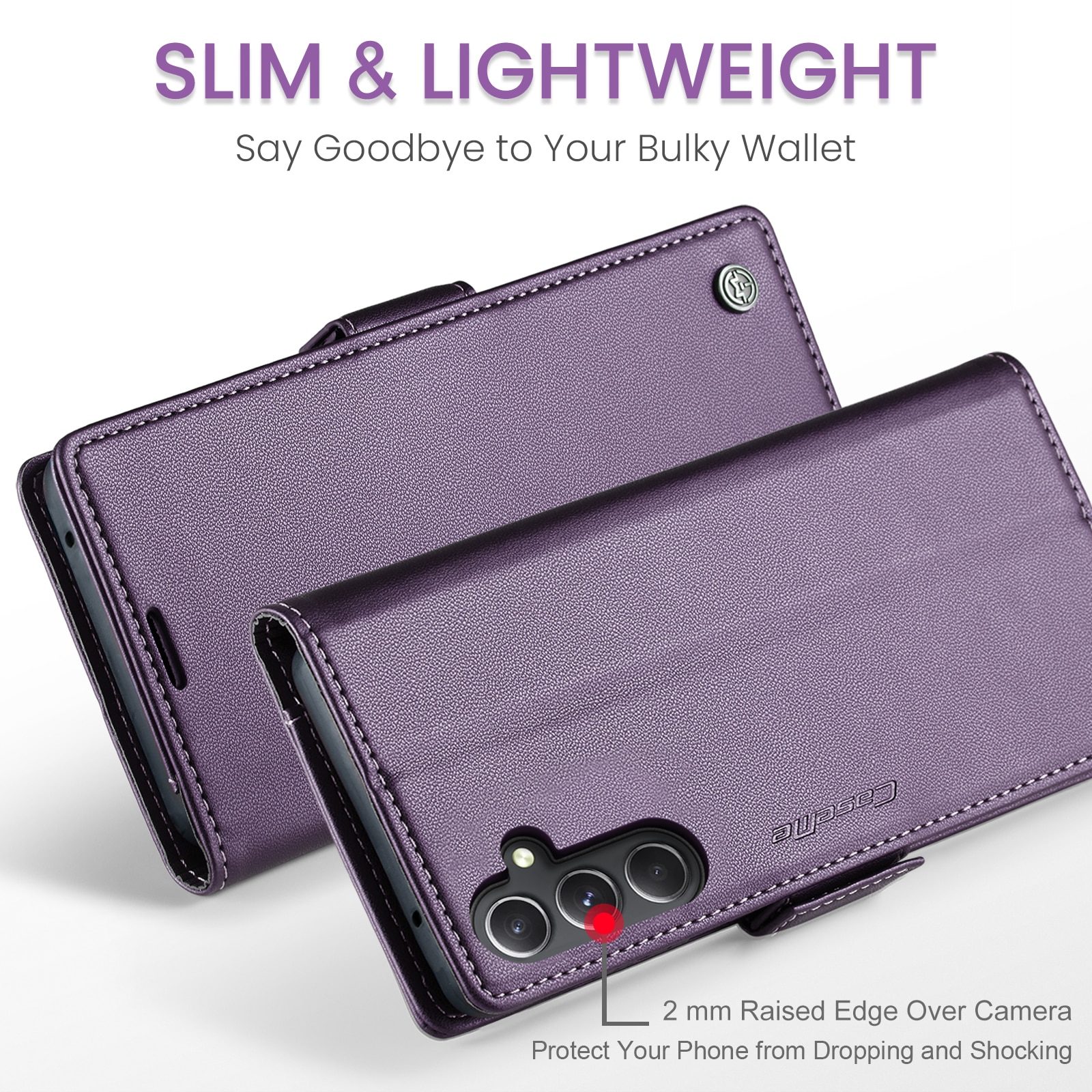 Husa pentru Samsung Galaxy S23 FE, CaseMe, slim, piele, tip portofel, stand, inchidere sigura magnetica, textura moale si aderenta in mana, protectie RFID, Mov