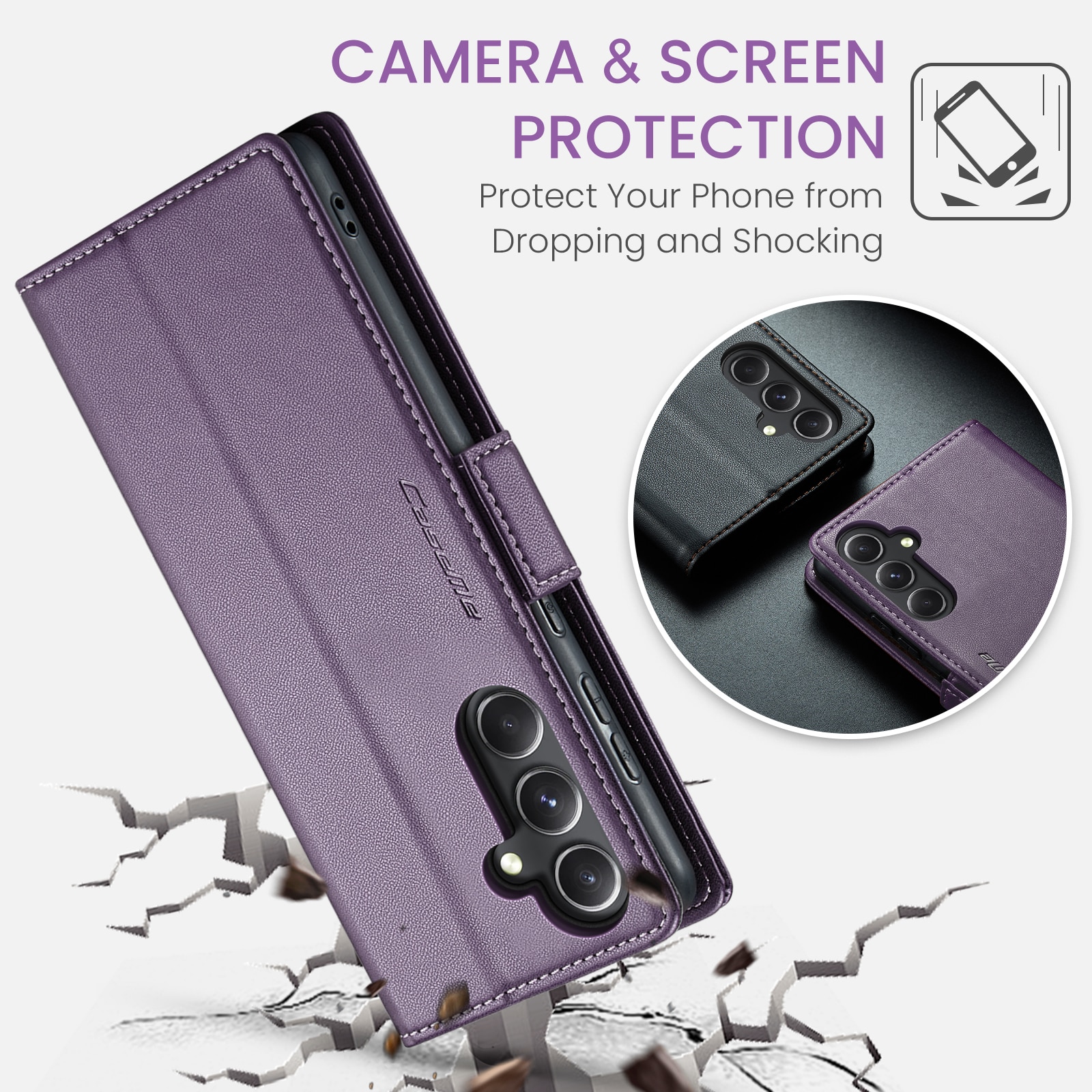 Husa pentru Samsung Galaxy S23 FE, CaseMe, slim, piele, tip portofel, stand, inchidere sigura magnetica, textura moale si aderenta in mana, protectie RFID, Mov