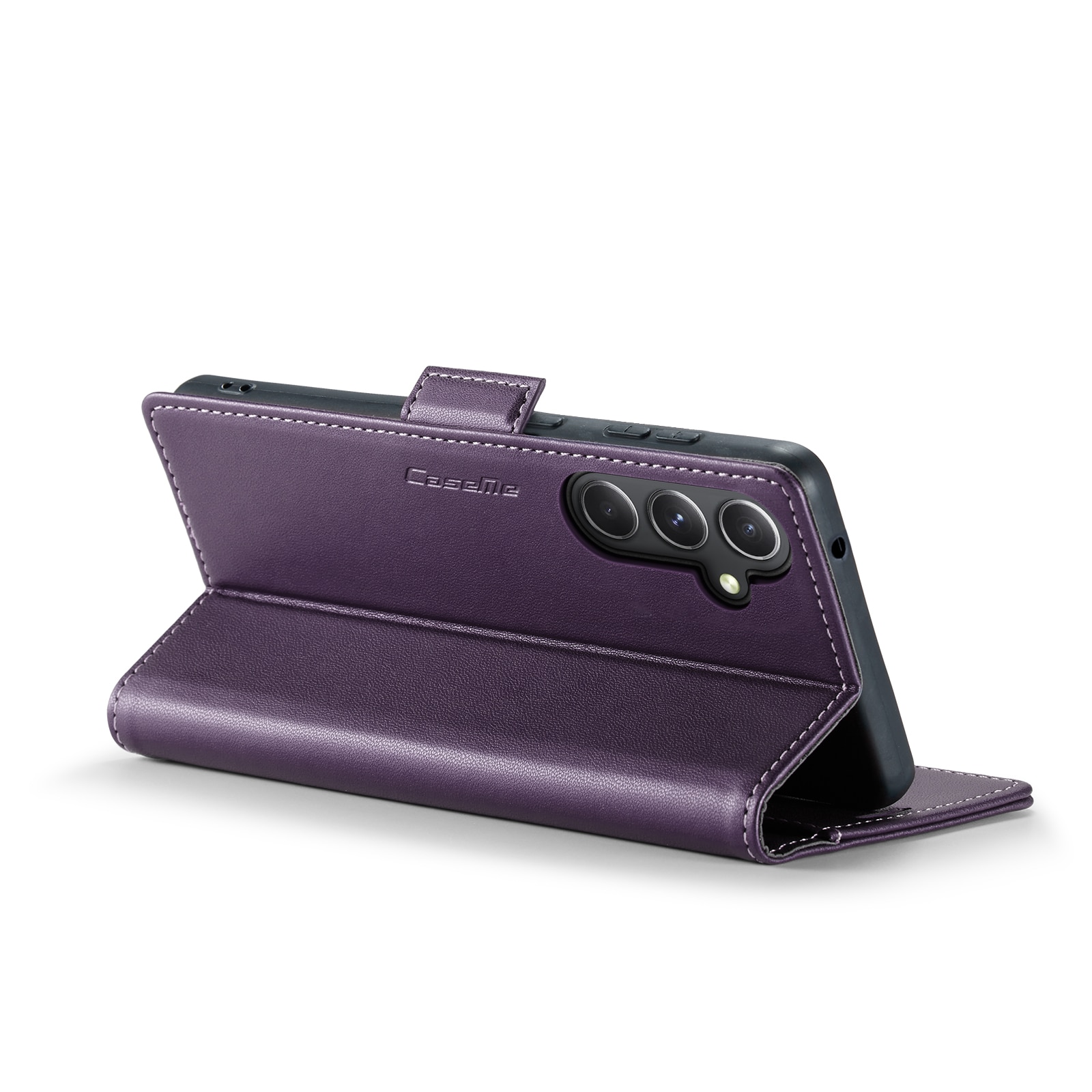 Husa pentru Samsung Galaxy S23 FE, CaseMe, slim, piele, tip portofel, stand, inchidere sigura magnetica, textura moale si aderenta in mana, protectie RFID, Mov