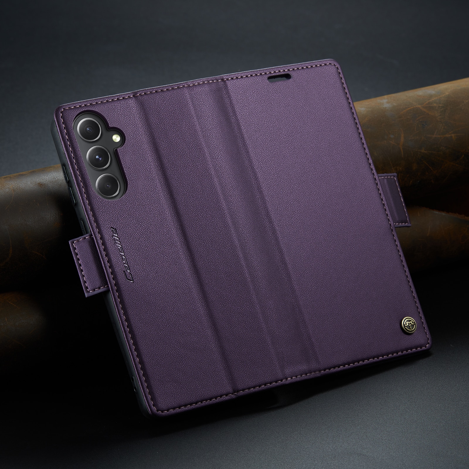 Husa pentru Samsung Galaxy S23 FE, CaseMe, slim, piele, tip portofel, stand, inchidere sigura magnetica, textura moale si aderenta in mana, protectie RFID, Mov
