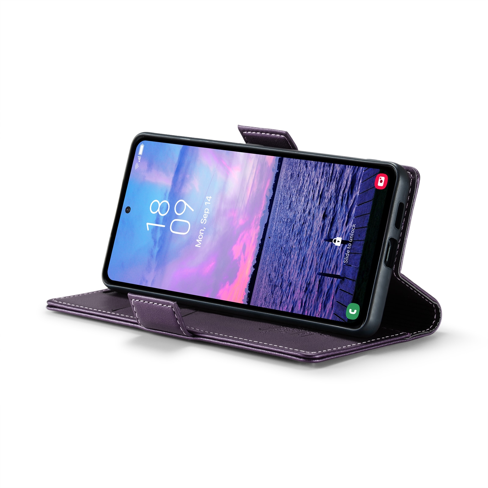 Husa pentru Samsung Galaxy S23 FE, CaseMe, slim, piele, tip portofel, stand, inchidere sigura magnetica, textura moale si aderenta in mana, protectie RFID, Mov