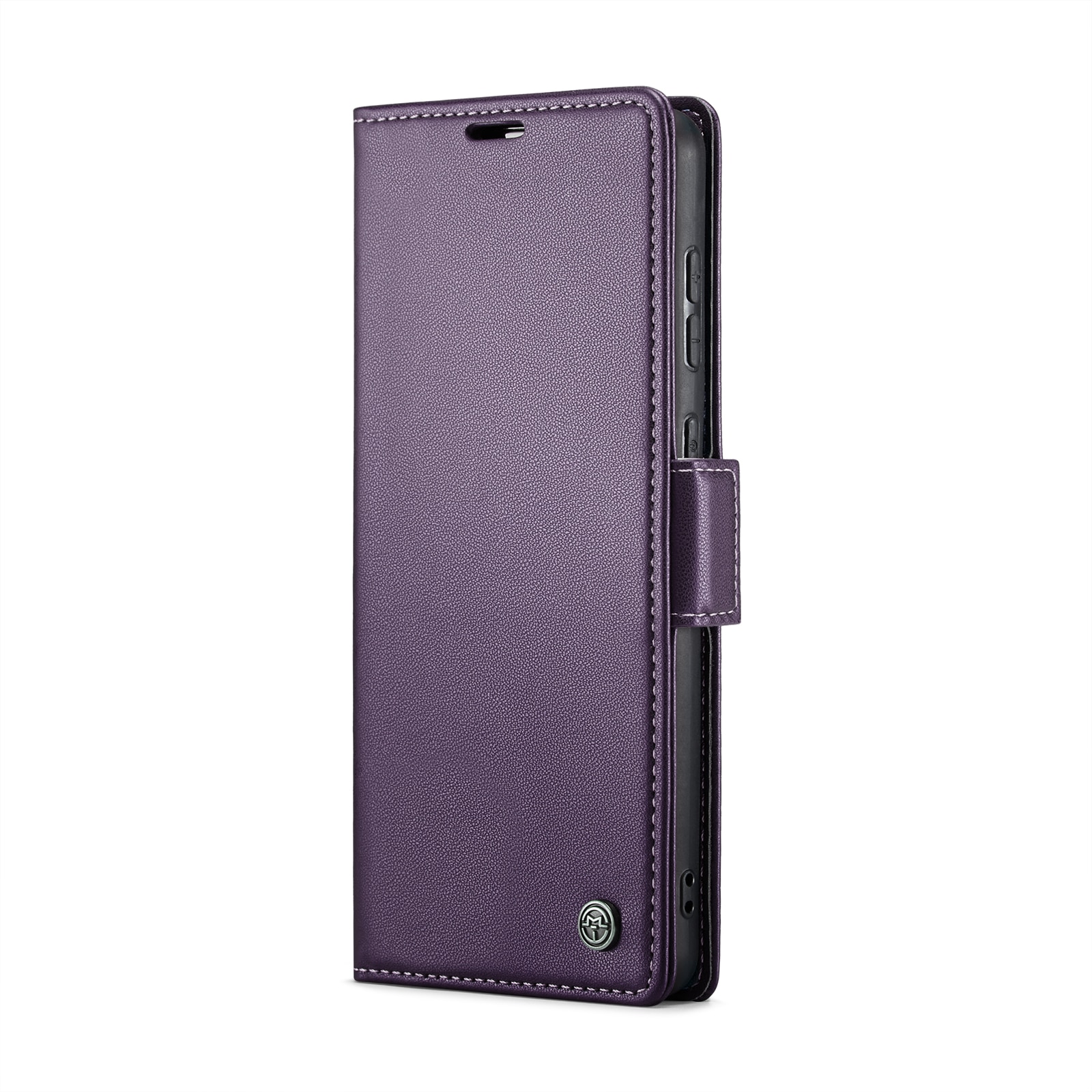 Husa pentru Samsung Galaxy S23 FE, CaseMe, slim, piele, tip portofel, stand, inchidere sigura magnetica, textura moale si aderenta in mana, protectie RFID, Mov