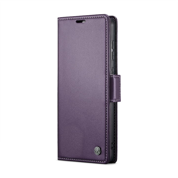 Husa pentru Samsung Galaxy S23 FE, CaseMe, slim, piele, tip portofel, stand, inchidere sigura magnetica, textura moale si aderenta in mana, protectie RFID, Mov