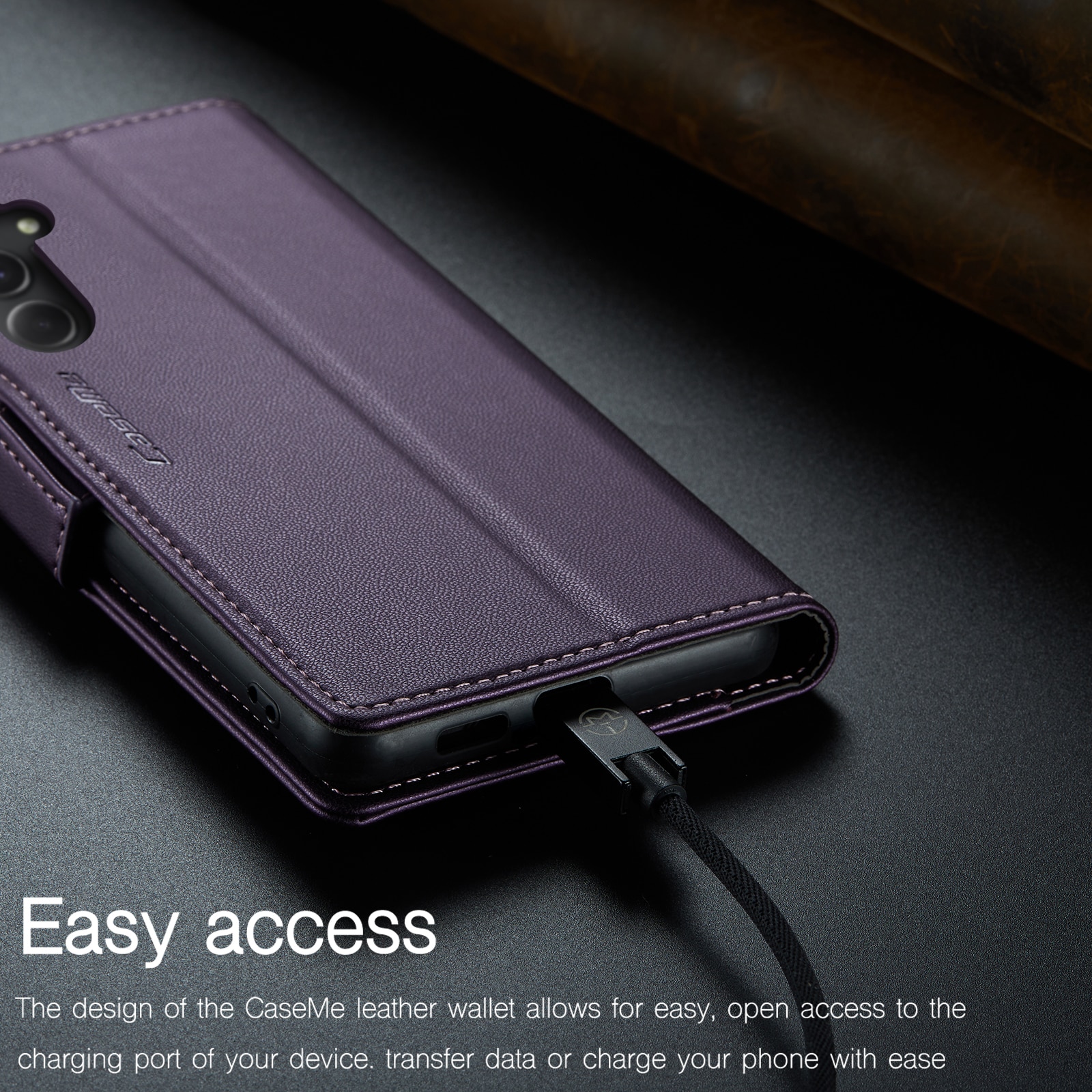 Husa pentru Samsung Galaxy S23 FE, CaseMe, slim, piele, tip portofel, stand, inchidere sigura magnetica, textura moale si aderenta in mana, protectie RFID, Mov