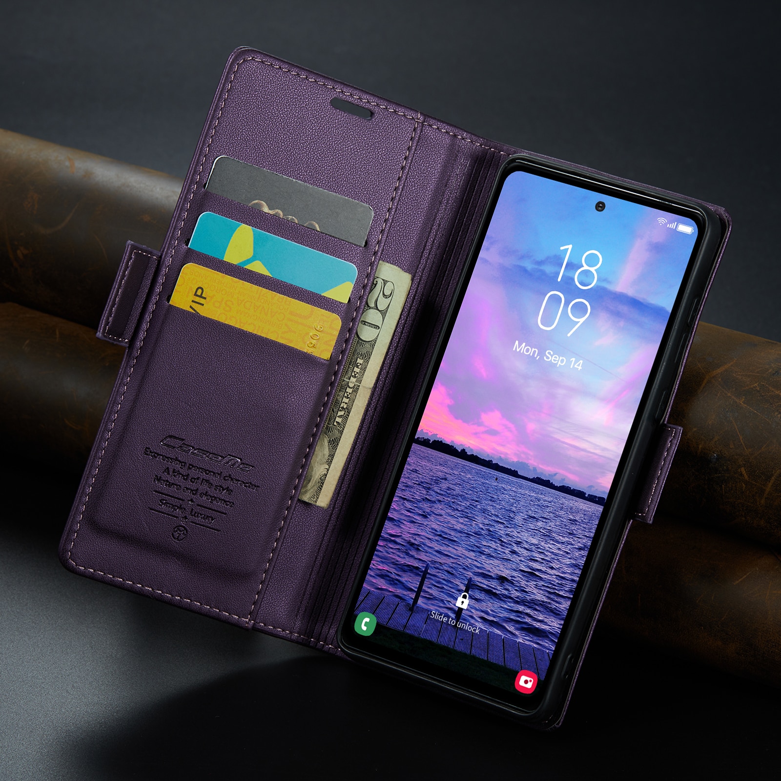 Husa pentru Samsung Galaxy S23 FE, CaseMe, slim, piele, tip portofel, stand, inchidere sigura magnetica, textura moale si aderenta in mana, protectie RFID, Mov
