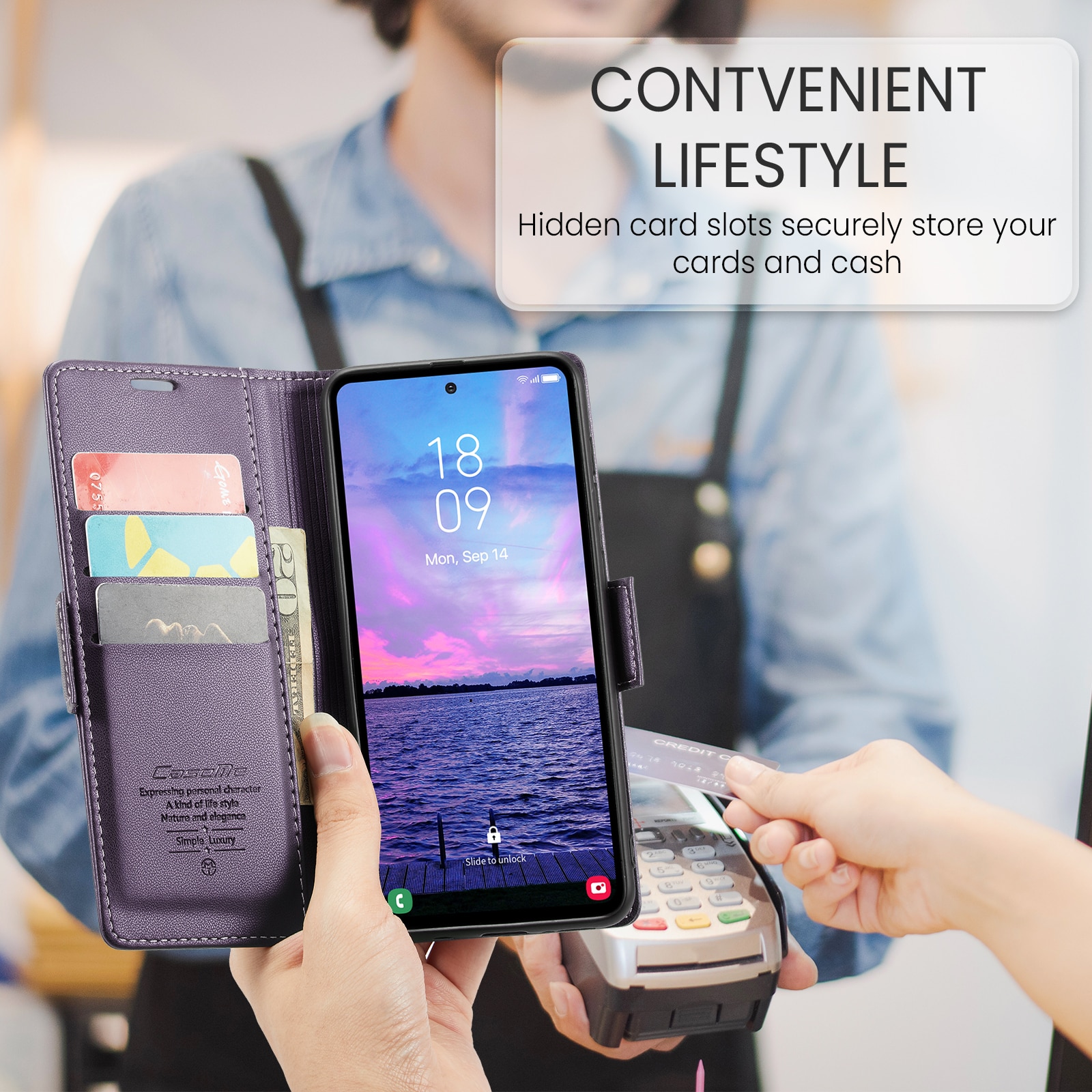 Husa pentru Samsung Galaxy S23 FE, CaseMe, slim, piele, tip portofel, stand, inchidere sigura magnetica, textura moale si aderenta in mana, protectie RFID, Mov