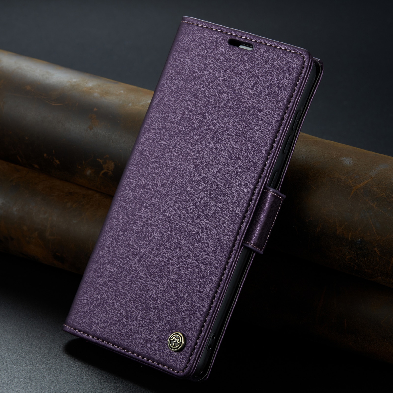 Husa pentru Samsung Galaxy S23 FE, CaseMe, slim, piele, tip portofel, stand, inchidere sigura magnetica, textura moale si aderenta in mana, protectie RFID, Mov