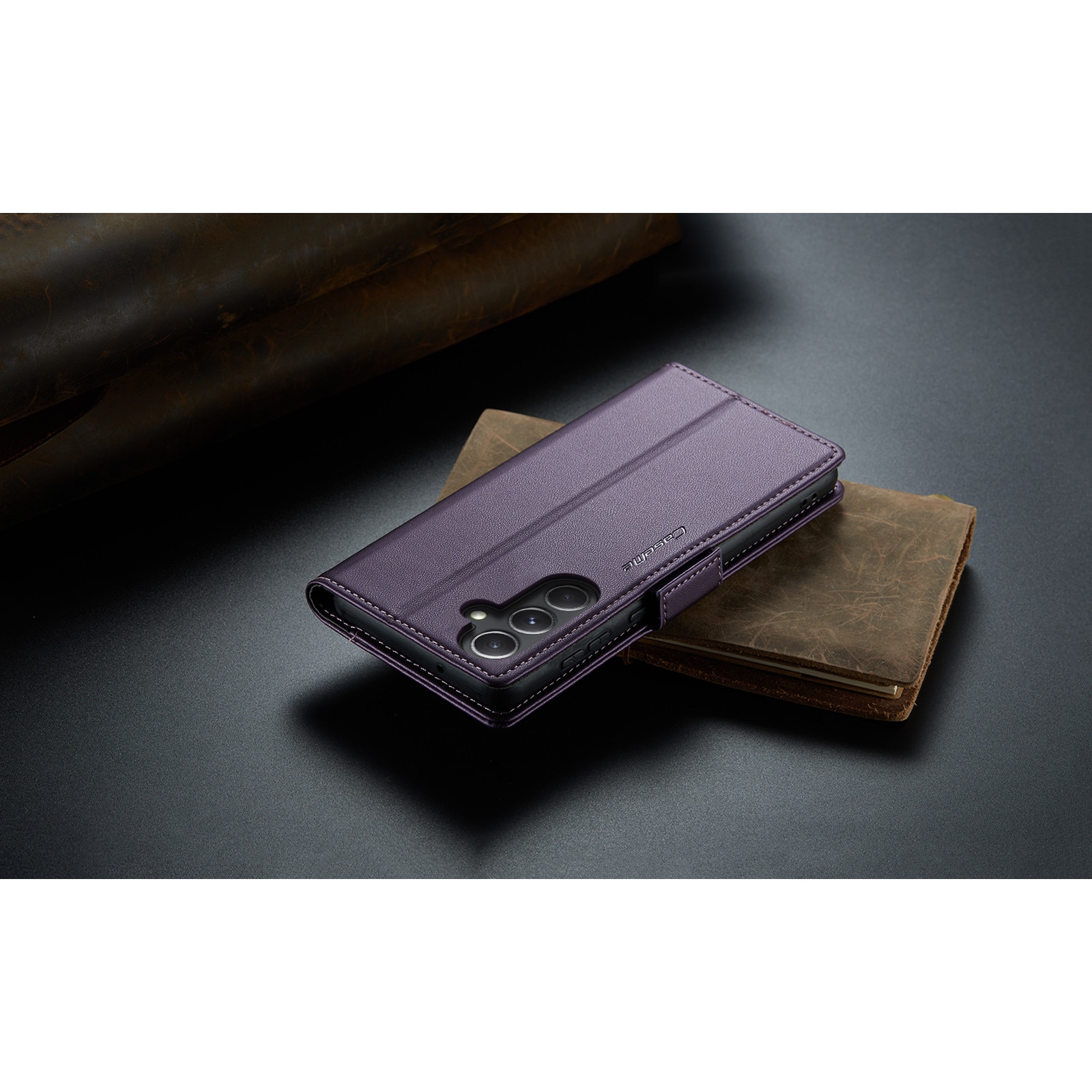 Husa pentru Samsung Galaxy S23 FE, CaseMe, slim, piele, tip portofel, stand, inchidere sigura magnetica, textura moale si aderenta in mana, protectie RFID, Mov