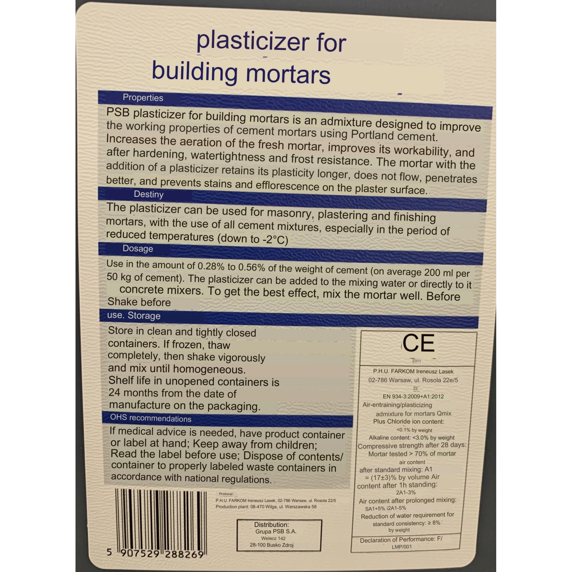 Mortare Plastifiant pentru mortare de constructii, PSB, 5 kg, Multicolor - eMAG.ro