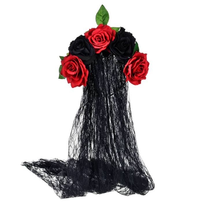 Virágos fejpánt, Műanyag / Textil, Halloweenre, 100 x 12 cm, Fekete / Piros