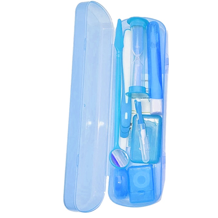 BGHYHYHI fogkefe készlet, V alakú, tároló dobozzal, 15 m-es fogselyem, tükör, 5 db fogselyem tű, kék, 7 db