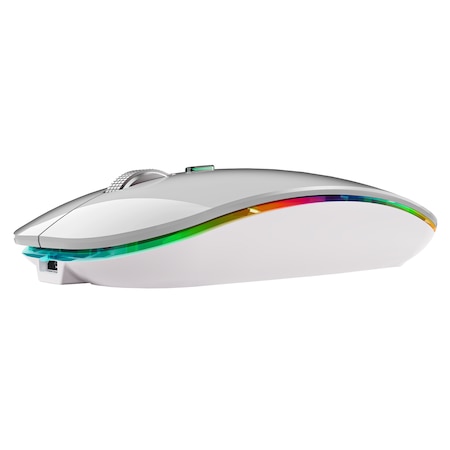 Mouse Dual Bervolo® ProX, Jiggler nedetectabil, Wireless USB si Bluetooth 5.1, lumini RGB, reincarcabil prin USB, Windows, Mac, Android, baterie 600mAh, DPI reglabil cu rezolutie inalta, silver