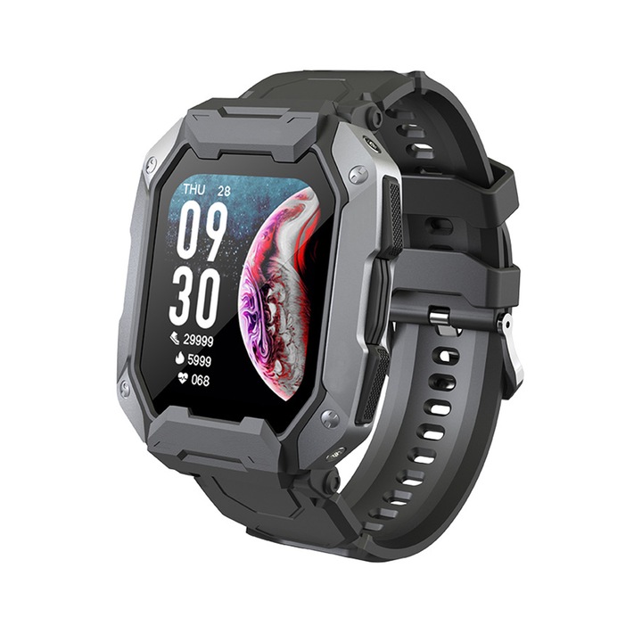 Ceas inteligent, Vaxiuja, Aliaj de aluminiu, 54.8 x 3.5 x 14.8 mm, HD Full Touch, Rezistent la apa, Cu pedometru, Monitor ritm cardiac, Negru